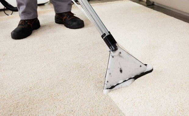 professional carpet cleaner performing an area rug cleaning service