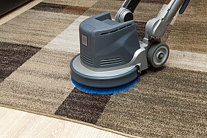 professional carpet cleaner using a disk machine to clean an area rug